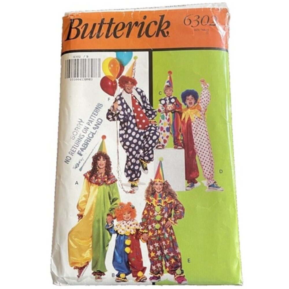 Clown Costume Butterick 6302 Pattern- Size B Misses' Men's 1 Cut Piece Halloween